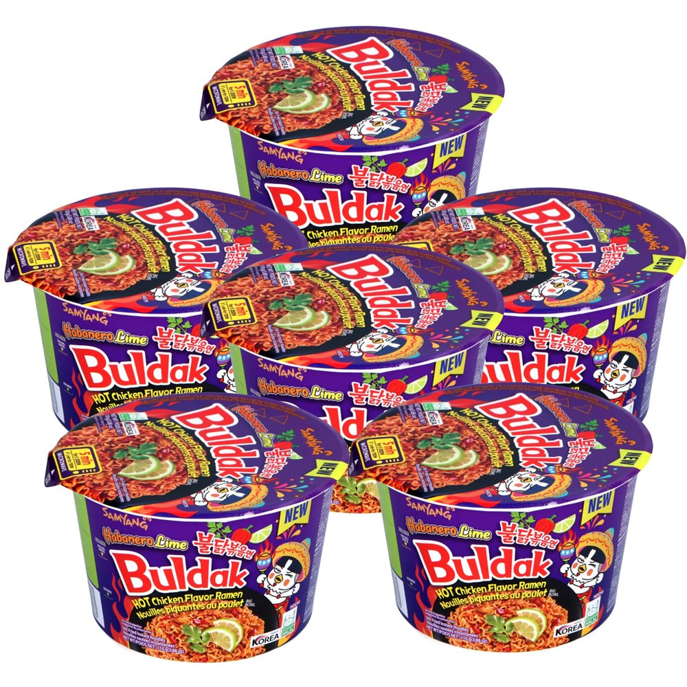 Samyang Buldak Noodles Hot Chicken Flavour Ramen Habanero Lime Big Bowl Cup 110g Instant Korean Food Snacks (Pack of 6)