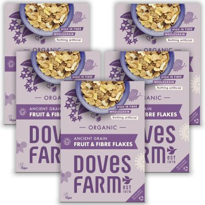 Doves Farm Organic Ancient Grain Fruit & Fibre Flakes | Pack of 5 | 375g | Nutritious Breakfast Cereal with a Blend of Ancient Grains | Delicious Fruits, and High Fiber for a Healthy Start to Your Day