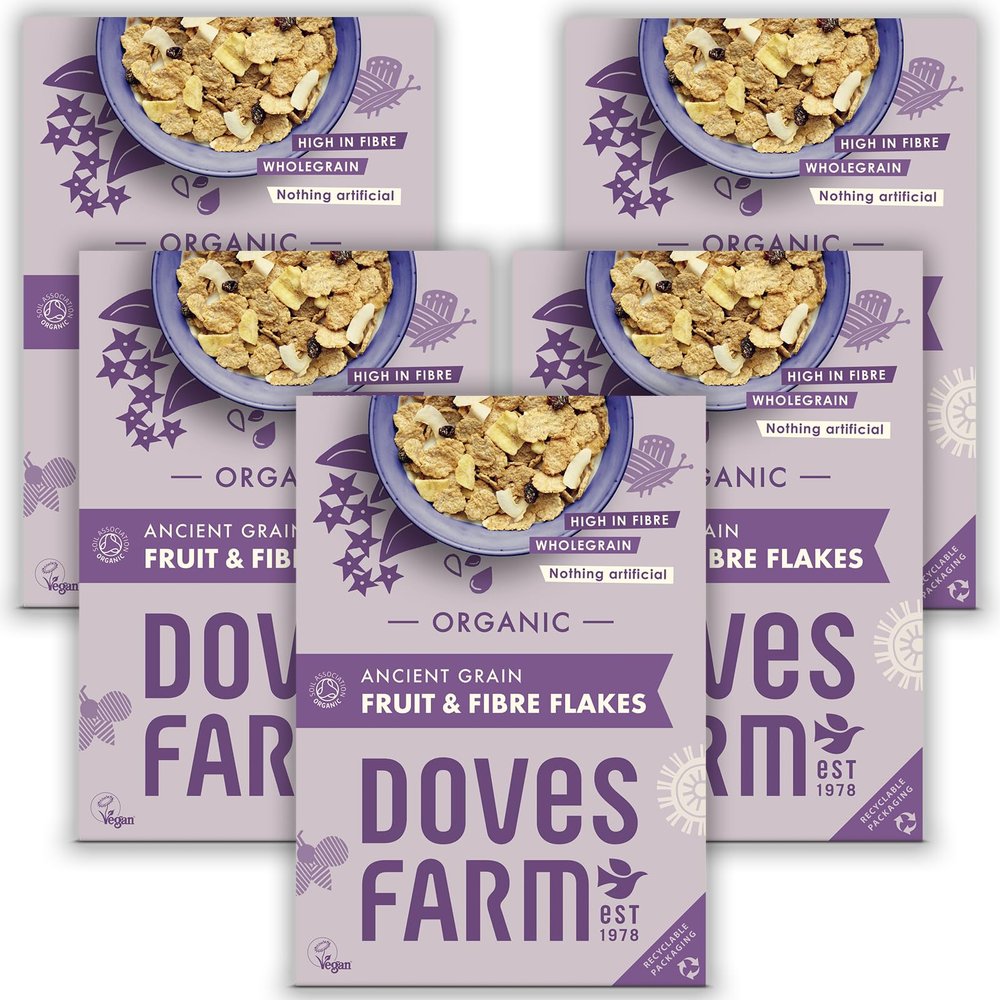 Doves Farm Organic Ancient Grain Fruit & Fibre Flakes | Pack of 5 | 375g | Nutritious Breakfast Cereal with a Blend of Ancient Grains | Delicious Fruits, and High Fiber for a Healthy Start to Your Day