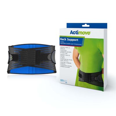 Actimove Sports Edition Back Support | Back Brace with 4 Stays, Adjustable, Double Layer Compression for Acute & Chronic Back Pain, Lumbar Strains, Muscular Insufficiency | Black, X-Large