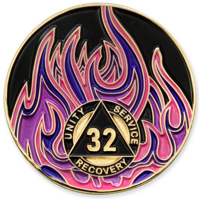 1 to 40 Year Twisted Flames Sobriety Coin - Gold Plated AA Chips & Medallions - 32 Year Sobriety Coin - Black/Pink/Purple/Blue