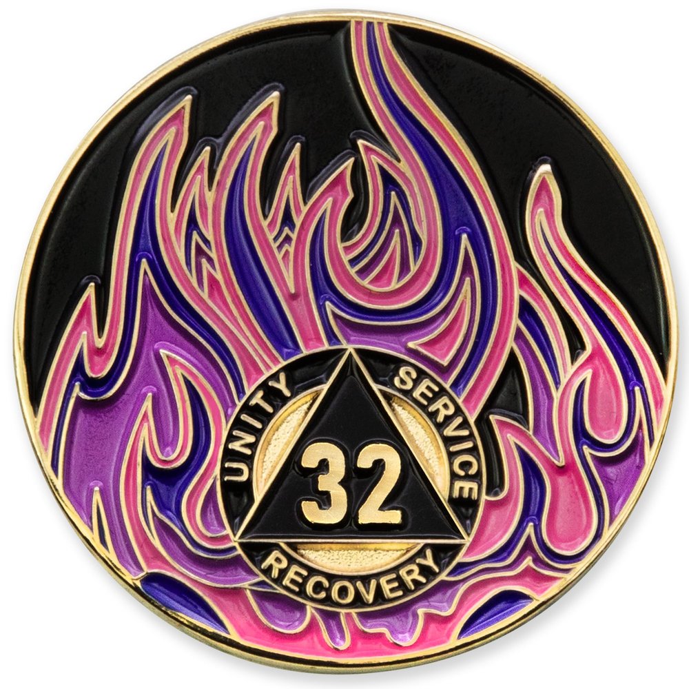 1 to 40 Year Twisted Flames Sobriety Coin - Gold Plated AA Chips & Medallions - 32 Year Sobriety Coin - Black/Pink/Purple/Blue