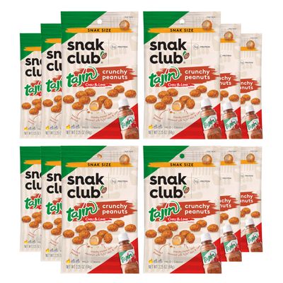 Snak Club Tajin Crunchy Peanuts, Nuts with Chili and Lime Seasoning, Mild, 2.25 oz Snack Bags, 12 Pack