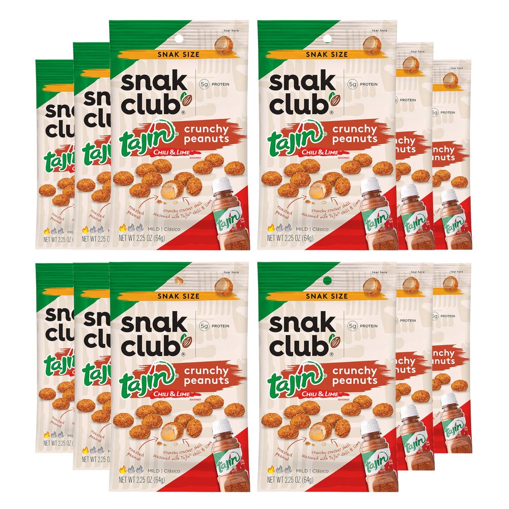 Snak Club Tajin Crunchy Peanuts, Nuts with Chili and Lime Seasoning, Mild, 2.25 oz Snack Bags, 12 Pack