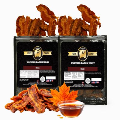 Delicious Maple Bacon Jerky Made from 100% Real Uncured Bacon Thick-Cut, Sweet & Savory Candied Bacon Strips Irresistibly Flavorful Snack 4oz Total (2 Bags, 2oz Each)
