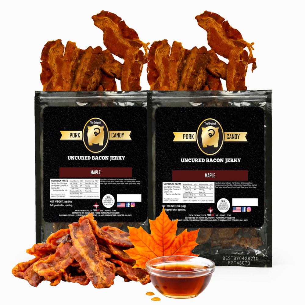 Delicious Maple Bacon Jerky  Made from 100% Real Uncured Bacon  Thick-Cut, Sweet & Savory Candied Bacon Strips  Irresistibly Flavorful Snack  4oz Total (2 Bags, 2oz Each)