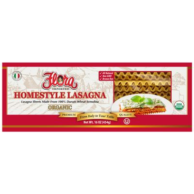 Flora Foods Organic Homestyle Lasagna | Lasagna Sheets Made From 100% Durum Wheat Semolina | 16 oz (454g) | 100% Italian | All Natural | Non GMO | Bonze Dye | Premium Quality