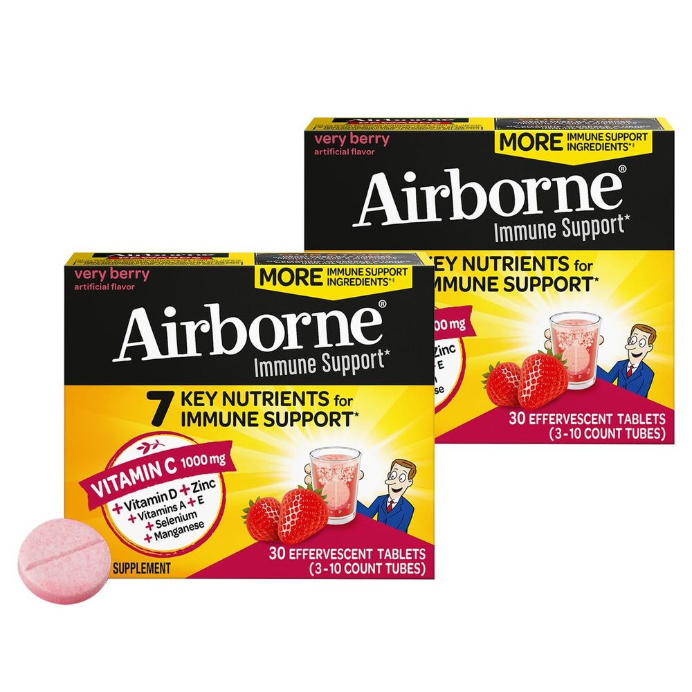 Airborne 1000mg Vitamin C with Vitamin D + Zinc Sugar Free Multivitamin Immune Support Effervescent Fizzy Drink Tablets, Very Berry Flavor with Powerful Antioxidants VIT A C & E, 30 Tablets (2 Pack)