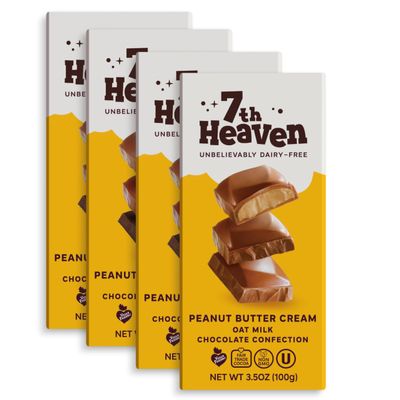 7th Heaven, Vegan Oat Milk Chocolate Bars: Peanut Butter Cream - (3.5 oz - 4 Pack), Healthy Chocolate, Perfect Valentines Gift For Your Loved Ones, 100% Dairy Free, Non GMO, Kosher Parve, Cruelty Free, Fair Trade Cocoa
