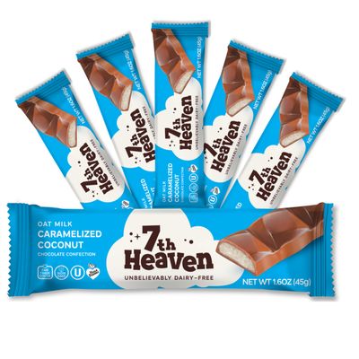 7th Heaven, Vegan Oat Milk Chocolate Snack Bars: Caramelized Coconut - (1.6 oz - 6 Pack), Healthy Chocolate, Perfect Valentines Gift For Your Loved Ones, 100% Dairy Free, Non GMO, Kosher Parve, Cruelty Free, Fair Trade Cocoa