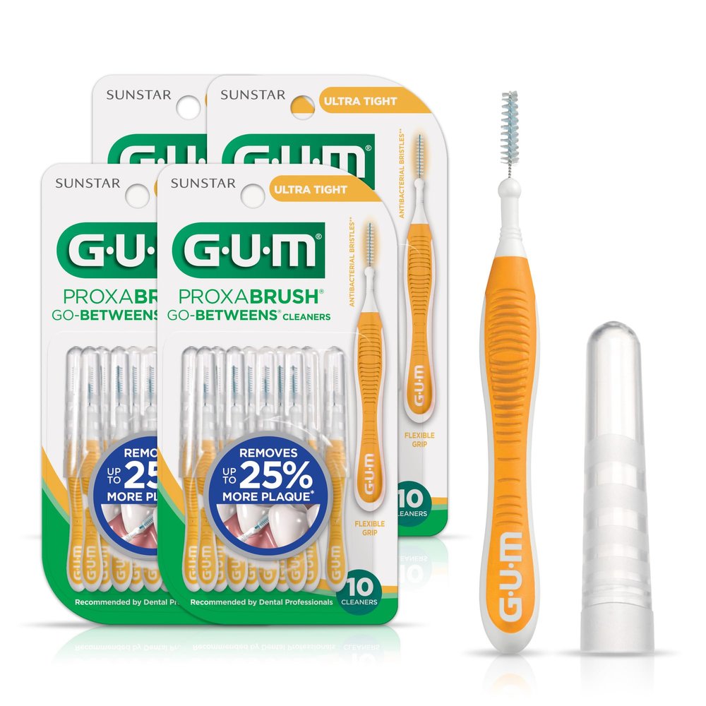 GUM Proxabrush Go-Betweens - Ultra Tight- Interdental Brushes - Soft Bristled Dental Picks for Plaque Removal Health - Safe for Braces & Dental Devices, 10 Count (Pack of 4)