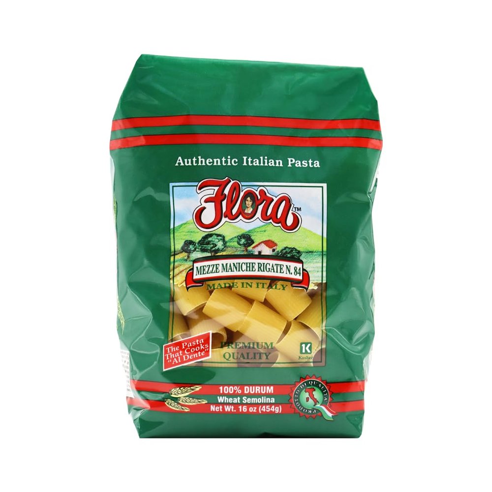 Mezze Maniche Rigate Pasta #84 (5 Packs of 1 lb) - Flora Foods Authentic Italian - Small Rigatoni - Cylindrical Shaped Pasta with Ridges- Imported from Italy