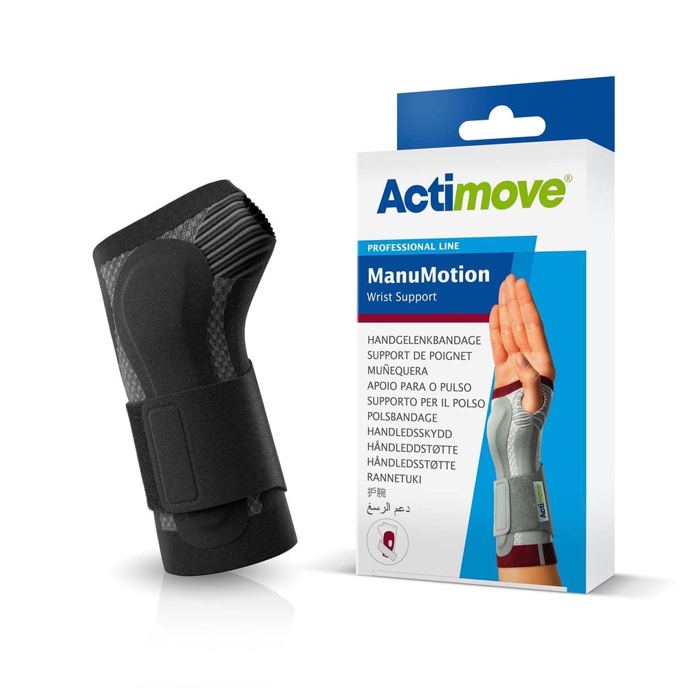 Actimove Professional ManuMotion Wrist Support | Wrist Brace with Thumb Support for Arthrosis, Rheumatoid Arthritis, Sprains, Tendon, Soft Tissue & Ligament Injuries, Postoperative Care | Charcoal, Left, Medium