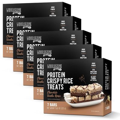Protein Crispy Rice Treats, 15g Protein, 3g-7g Net Carbs, Low Carb, Fluffy, Soft, Chewy, Gluten Free, High Fiber, Keto-Friendly, No Aftertaste (Chocolate Vanilla Remix, 5 Pack)