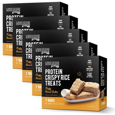 Protein Crispy Rice Treats, 15g Protein, 3g-7g Net Carbs, Low Carb, Fluffy, Soft, Chewy, Gluten Free, High Fiber, Keto-Friendly, No Aftertaste (Fluffy Peanut Butter, 5 Pack)
