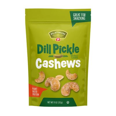 Platinum Dill Pickle Cashews - Plant Based Protein, Fiber, Healthy Snack - Roasted with Tangy Zest of Dill Pickle - Can Bring at Home, Work, Office, Gym & School - 11oz Individual & Resealable Pouch
