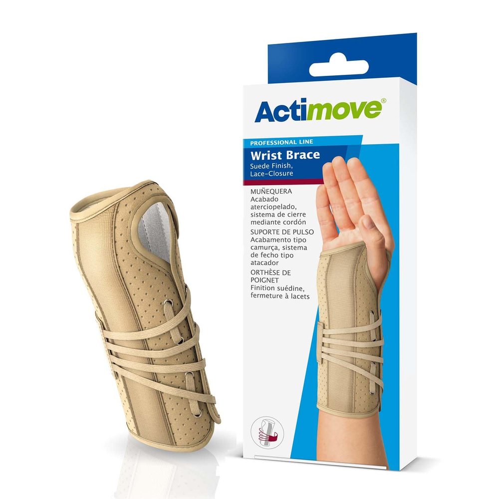 Actimove Professional Wrist Brace Suede Finish, Lace-Closure | Wrist Splint for Arthrosis, Rheumatoid Arthritis, Sprains, Tendon, Soft Tissue & Ligament Injuries, Postoperative Care | Beige, Left, Medium