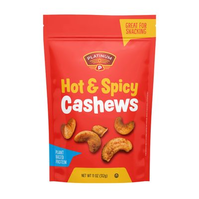 Platinums Hot & Spicy Cashews - Plant Based Protein, Fiber, Healthy Snack - Hot & Spicy Flavor - Nutritional Boost - Can Bring at Home, Work, Office, Gym & School - 11 oz Individual & Resealable Pouch