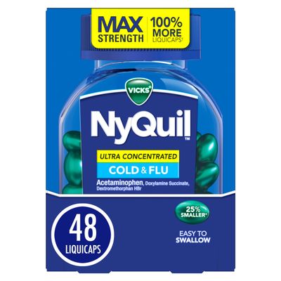 NyQuil Ultra Concentrated Cold and Flu Medicine, Nighttime, Relief for Cough, Sore Throat, Fever, Congestion, Easy to Swallow, Easy to Open Bottle, 48 LiquiCaps