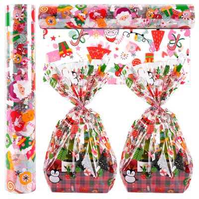 100 Ft X 32 in Christmas Cellophane Wrap Roll Christmas Cellophane Bags Xmas Cellophane Wrap with Special Santa Claus Elk Christmas Tree for Christmas Gift Basket, Treat Wine(Christmas Pattern)