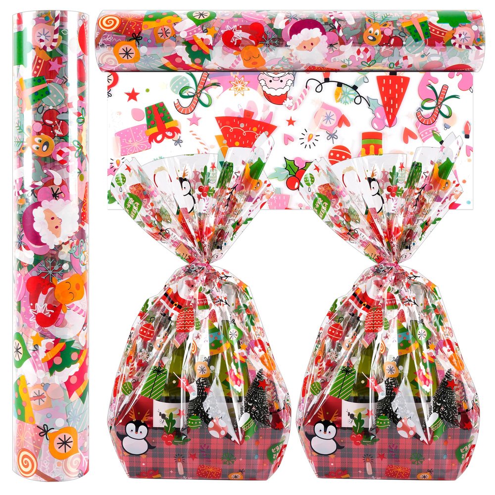 100 Ft X 32 in Christmas Cellophane Wrap Roll Christmas Cellophane Bags Xmas Cellophane Wrap with Special Santa Claus Elk Christmas Tree for Christmas Gift Basket, Treat Wine(Christmas Pattern)