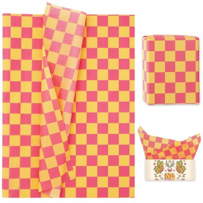 Whaline 100 Sheets Boho Tissue Paper Groovy Gift Wrapping Paper Pink and Yellow Checkered Packaging Paper DIY Art Craft Paper for Home Baby Shower Wedding Birthday Party Decor, 14 x 20 Inch