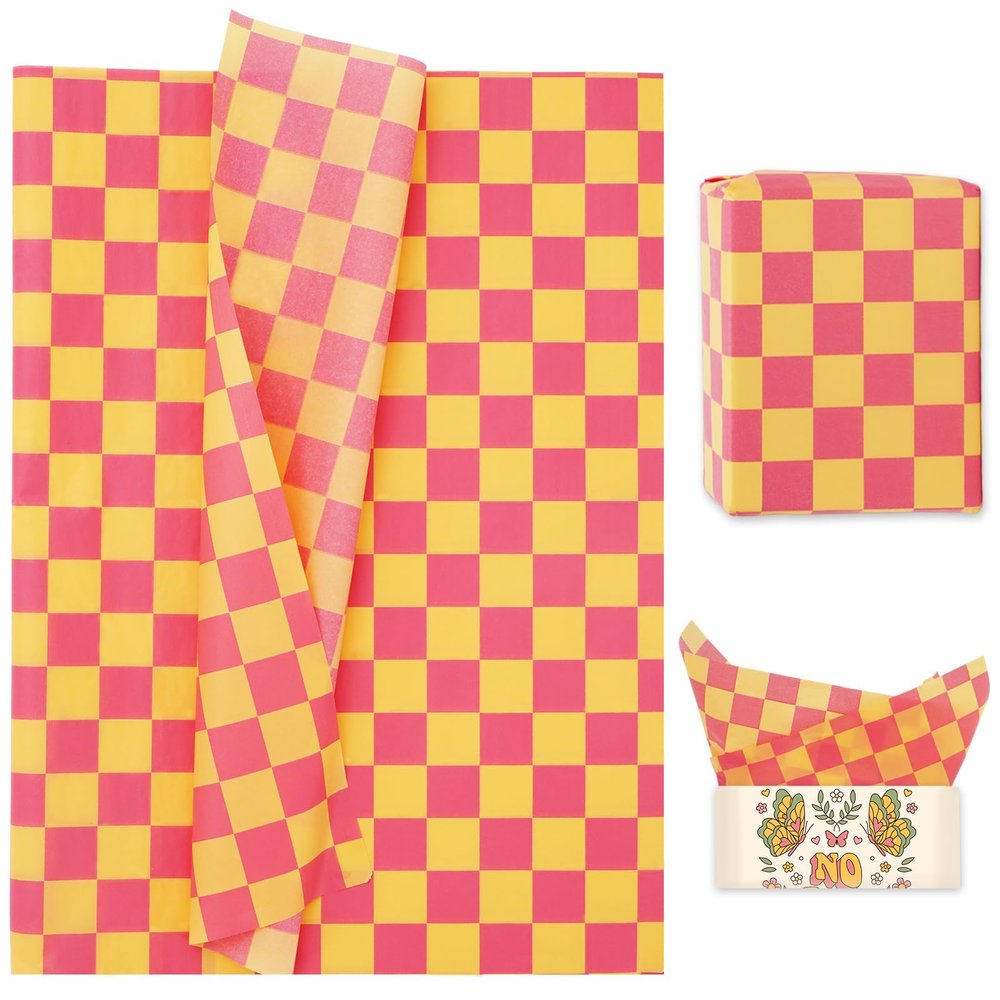 Whaline 100 Sheets Boho Tissue Paper Groovy Gift Wrapping Paper Pink and Yellow Checkered Packaging Paper DIY Art Craft Paper for Home Baby Shower Wedding Birthday Party Decor, 14 x 20 Inch