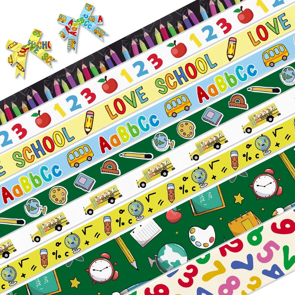 9-Piece Grosgrain Decor Ribbons - Love ABC 123 Words School Bus Printed Ribbons for First Day of School Gift Wrapping Hair Sewing Wreath Bow Decoration - 3 Yards