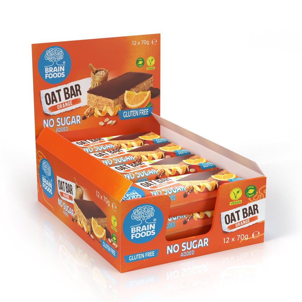 BRAIN FOODS Oat Bars - Gluten Free, Vegan, No Sugar Added, No Palm Oil, 2.5oz, (12 Bars) (Orange)