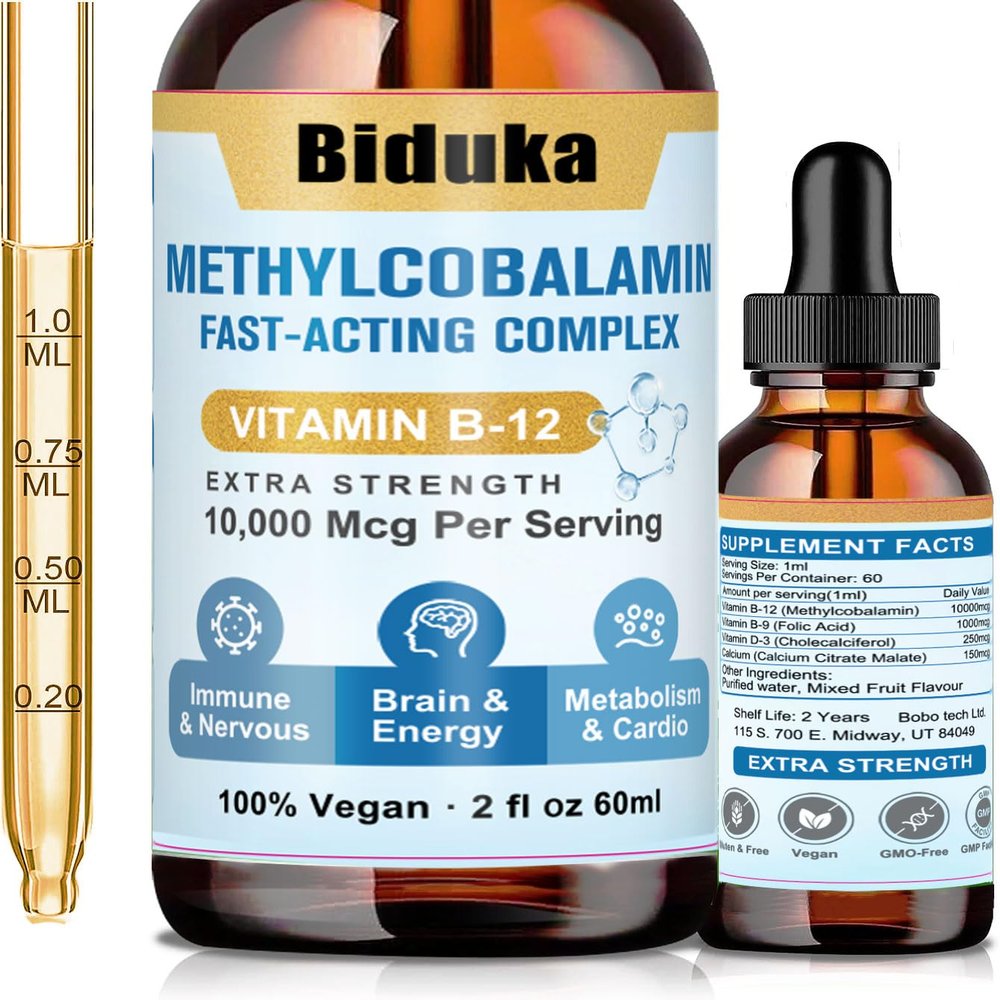 Biduka 10,000mcg Vitamin B12 Sublingual Liquid Drops, Unique Formula with D3, B9(Folic Acid), Calcium, Support Energy, Heart, Mood, Brain, Immune System, Vegetarian, Non-GMO & Gluten Free