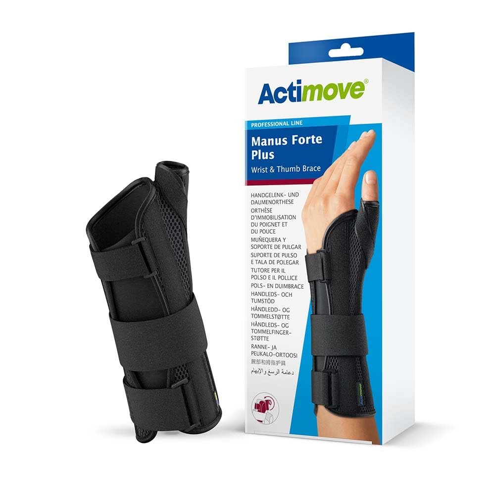 Actimove Professional Manus Forte Plus Wrist Support & Thumb Brace | Wrist Splint for Arthrosis, Rheumatoid Arthritis, Sprains, Tendon, Soft Tissue & Ligament Injuries, Postoperative Care | Black, Left, Small/ Medium