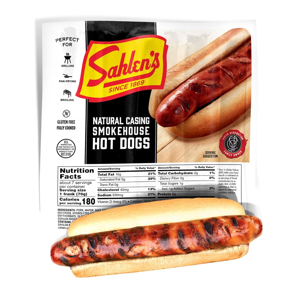 Sahlen's Natural Casing Pork & Beef Smokehouse Hot Dogs | Fully Cooked and Gluten Free Hot Dogs | Perfect for Grilling, Pan-Frying, Broiling, and More | 5lbs of Natural Casing Hot Dogs