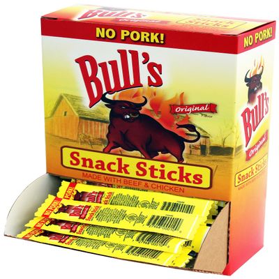 Bull's Original 0.25oz Snack Sticks 100 Count Box (Made with beef and chicken no pork)