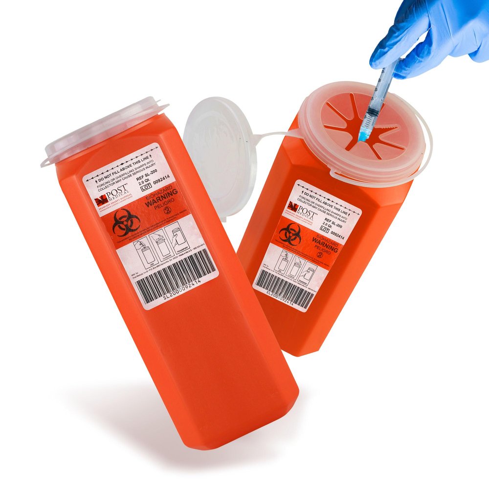 Post Medical - 2.0 Quart Sharps Container - Case of 6, Puncture-Resistant Sharps Disposal Container, Needle & Syringe Disposal Container, Leak-Tight Biohazard Containers with Snap Tight Lid, Red