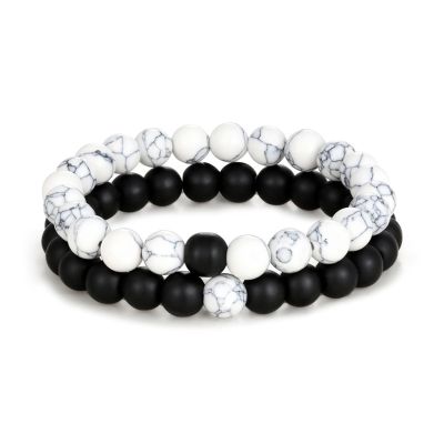 2Pcs Lava Rock Beaded Bracelet Set Essential Oil Diffuser Jewelry with Natural Stone Beads for Aromatherapy, Yoga, Meditation, and Stress Relief, Stretchy Bracelets for Women Men-white polished