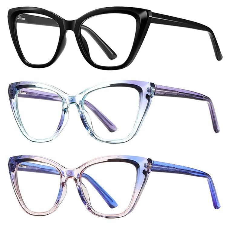 bullabulling 3-Pack Retro Oversized Cat Eye Reading Glasses for Women Trendy Blue Light Blocking Readers with Spring Hinge (black/purple/blue, 1, multiplier_x)