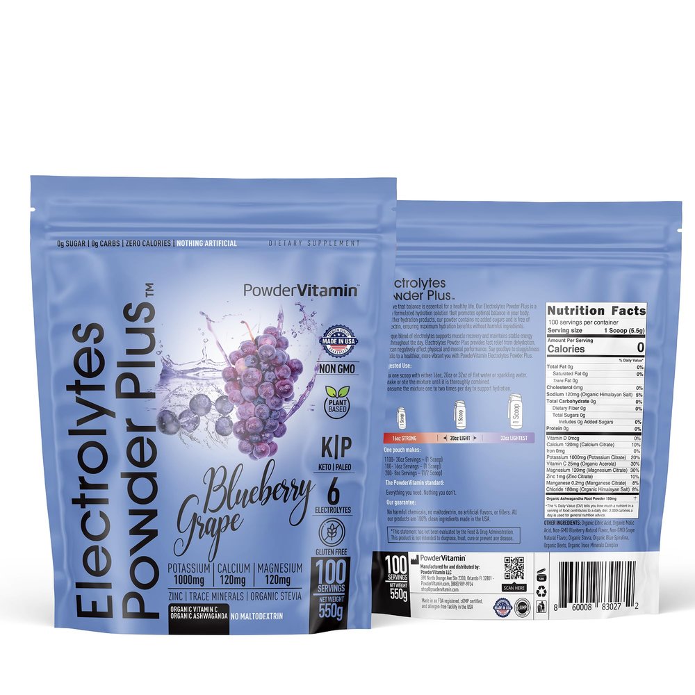 Electrolytes Powder Plus (100 Servings) Blueberry Grape Electrolyte Powder Sugar Free, Keto, 0 Sugar, No Maltodextrin, 1000mg Potassium,120mg Calcium,120mg Magnesium, Hydration