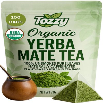 Tozzy Organic Unsmoked Yerba Mate Tea  100 Count, Plant-Based Pyramid Tea Bags