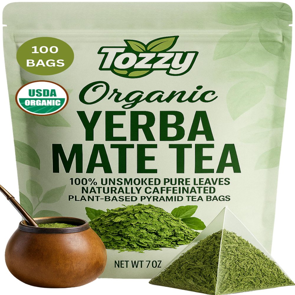 Tozzy Organic Unsmoked Yerba Mate Tea 100 Count, Plant-Based Pyramid Tea Bags