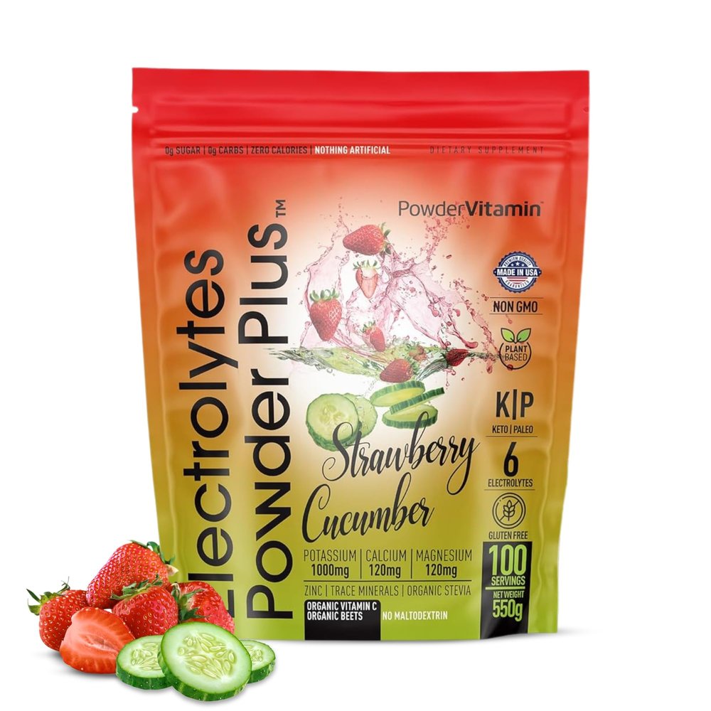 PowderVitamin Electrolytes Powder Plus (100 Servings) Strawberry Cucumber Electrolyte Powder Zero Calorie Keto,0Sugar, No Maltodextrin,1000mg Potassium,120mg Calcium,120mg Magnesium, Hydration Powder