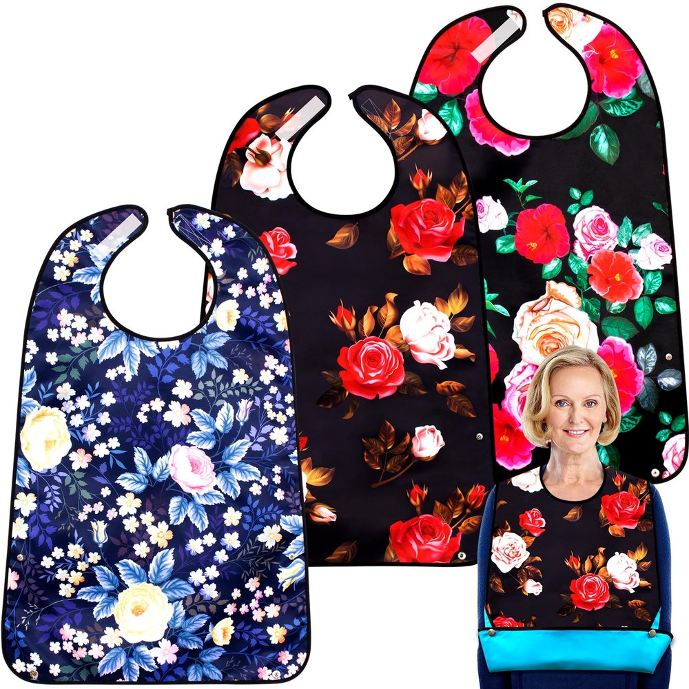 TaoTazon Adult Bibs,3 Packs Adult Bibs for Women Eating with Foldable Food Crumb Cather (Flower adhesive adjustment buckle)