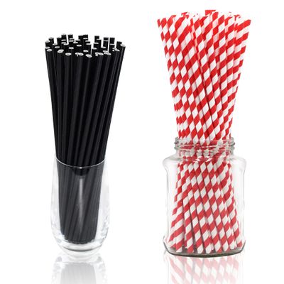 12 Inch Red Stripes Giant Paper Smoothie Straws (100 ct.) Bundle With 10.25 Inch Black Jumbo Paper Straws (100 ct.)
