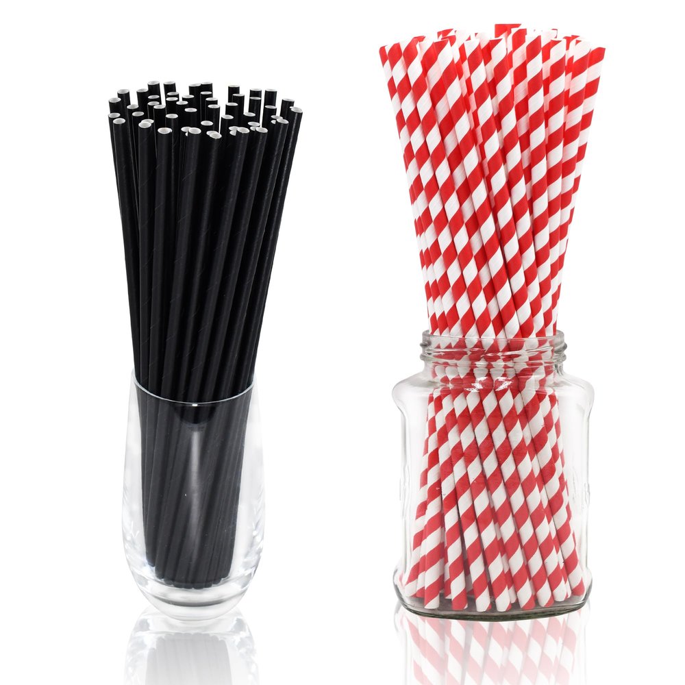12 Inch Red Stripes Giant Paper Smoothie Straws (100 ct.) Bundle With 10.25 Inch Black Jumbo Paper Straws (100 ct.)