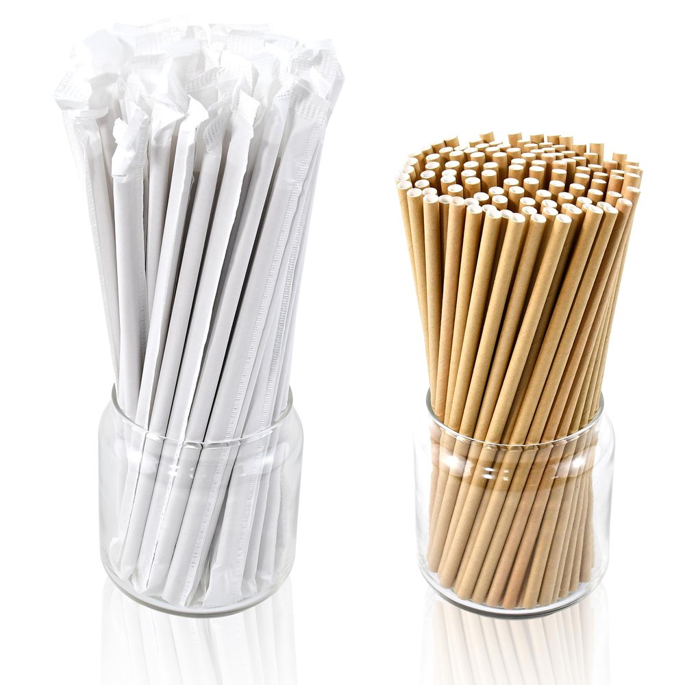 7.75 Inch Brown Kraft Paper Straws Unwrapped 1000 ct. and Individually Wrapped 1000 ct. - Restaurant Pack