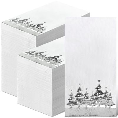 Spiareal 200 Pack Christmas Guest Towels Disposable Bathroom Guest Paper Hand Towels Christmas Tree Decorative Napkins Xmas Tree Beverage Napkins for Xmas Party Bathroom(Silver)
