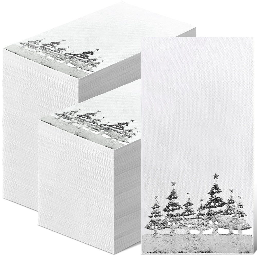 Spiareal 200 Pack Christmas Guest Towels Disposable Bathroom Guest Paper Hand Towels Christmas Tree Decorative Napkins Xmas Tree Beverage Napkins for Xmas Party Bathroom(Silver)
