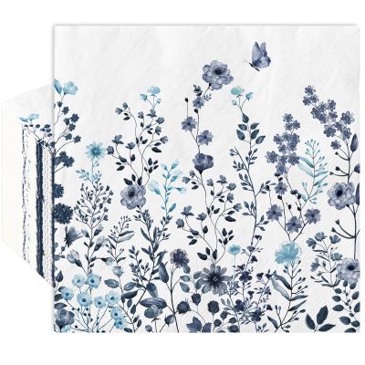 AnyDesign 80 Pack Blue Floral Paper Napkins Watercolor Flower Butterfly Disposable Luncheon Napkins Bohemian Decorative Hand Napkin for Wedding Baby Shower Birthday Party, 6.5 x 6.5 Inch