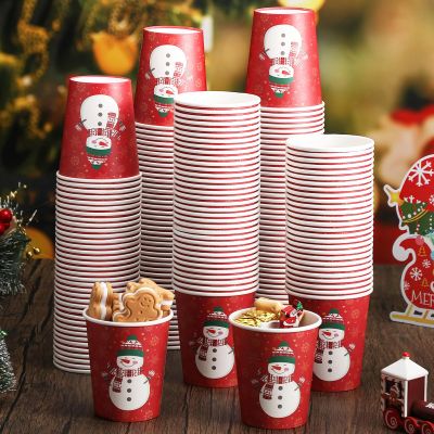 Karenhi 200 Pcs 9 oz Christmas Disposable Cups Paper Hot Chocolate Cocoa Cup Christmas Party Supplies Tea Coffee Disposable for Party Holidays Hot Cold Drinks (Snowman Style)