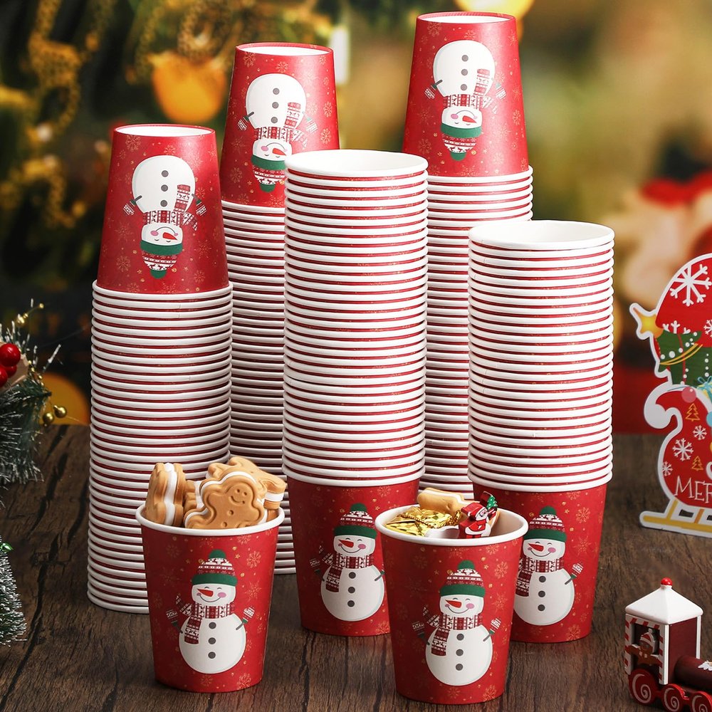 Karenhi 200 Pcs 9 oz Christmas Disposable Cups Paper Hot Chocolate Cocoa Cup Christmas Party Supplies Tea Coffee Disposable for Party Holidays Hot Cold Drinks (Snowman Style)