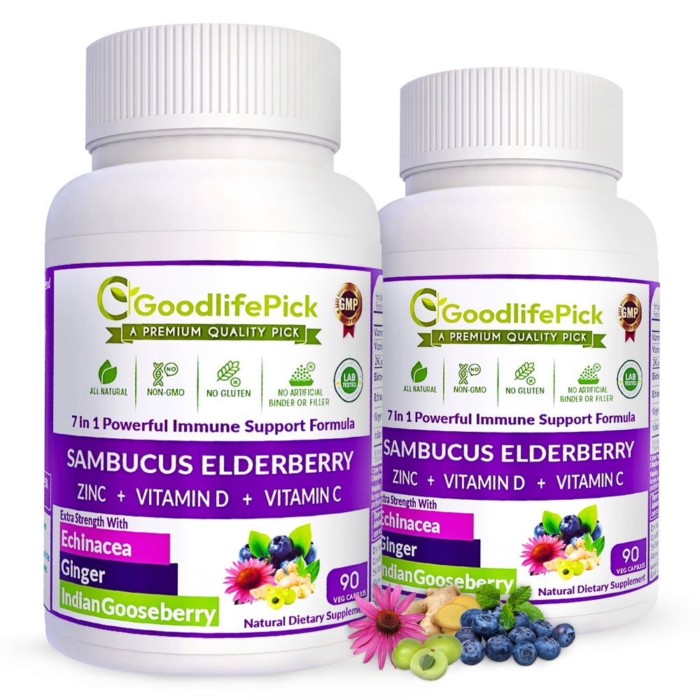 7X Elderberry with ZINC, Vitamin C, Vitamin D, Echinacea, Ginger & Indian Gooseberry (Amla) Premium Capsules 90 ct, All Natural,Vegan,Non-GMO, No Rice Powder, No-Gluten, No Sugar (Pack of 2)
